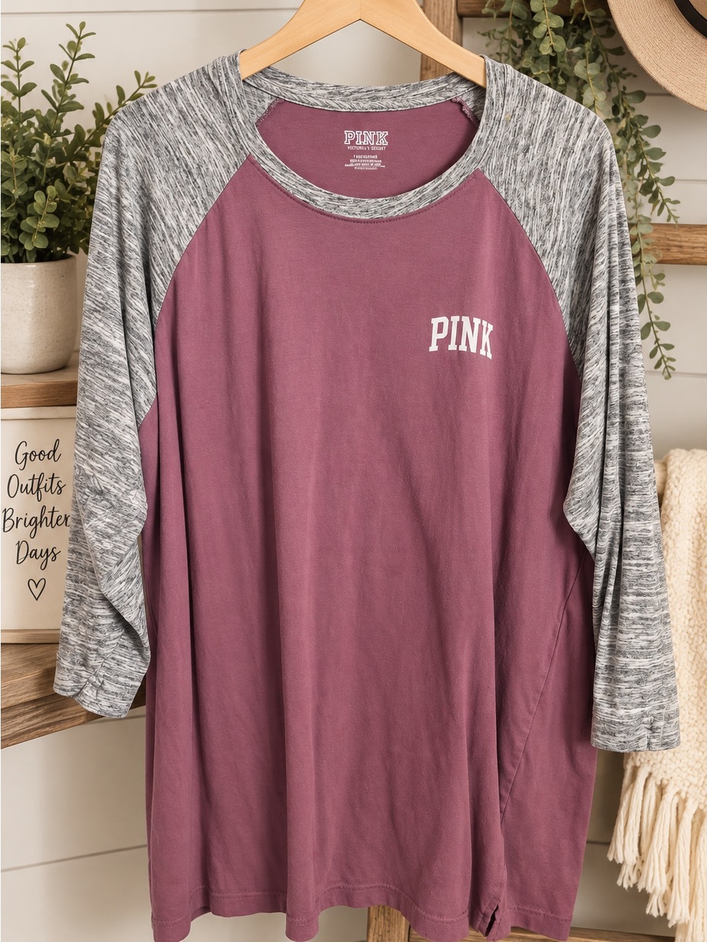 Victoria’s Secret PINK Mauve & Gray Raglan Top – Size Large #1005
